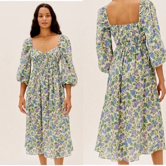 For Love & Lemons Bridget Midi White Green Dress Floral Puff Size S - Picture 1 of 13